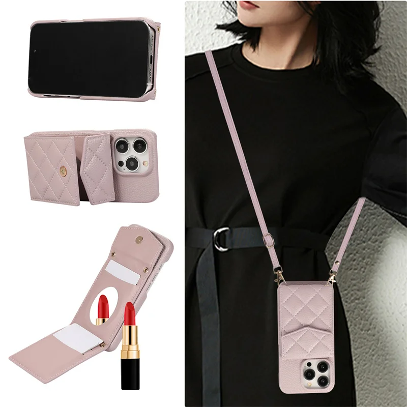 

Luxury Diagonal Wallet Flip Phone Case For iPhone 15 14 Plus 13 12 11 Pro Max Makeup Mirror Shock Resistant Back Cover