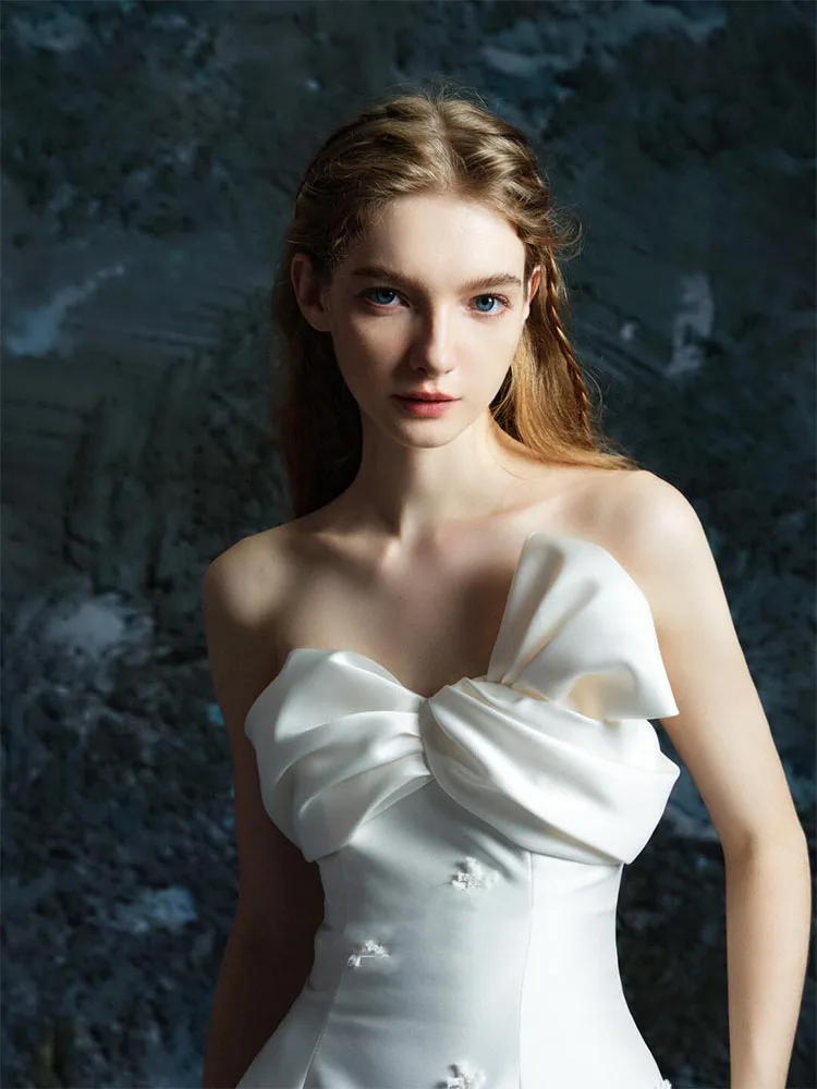 Vestidos de fiesta de princesa sin tirantes de satén, vestidos de fiesta de noche drapeados con pliegues blancos para mujer, vestidos de novia con lazo Simple de Corea personalizados