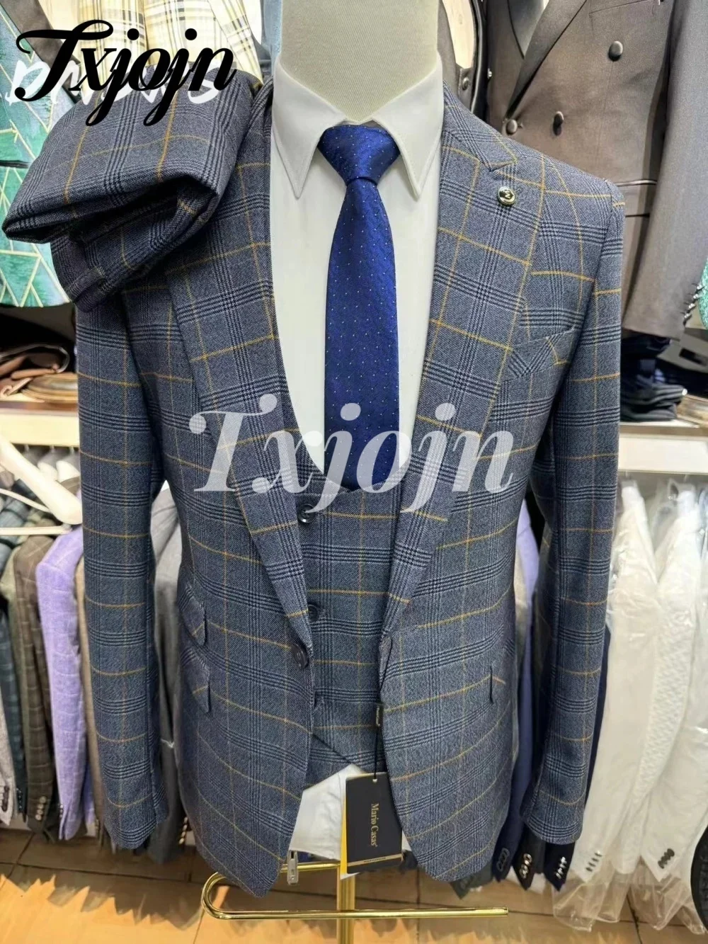 

High Quality Single Button Men Suit Set 2025 3PCS Handsome Men Office Suit Classic Plaid Groomsmen For Business Wedding Suit