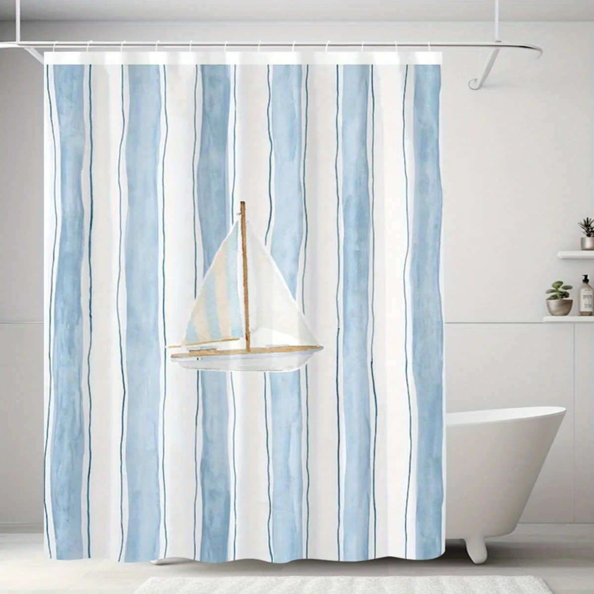 

1pc Coastal blue striped sailboat pattern shower curtain, machine washable polyester, suitable for bathroom décor.