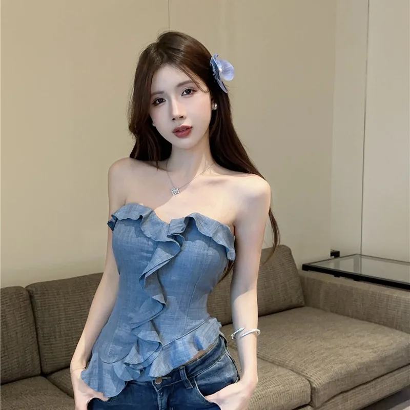 سترة نسائية كلاسيكية أمريكية بحمالات لصيف 2025 بتصميم جديد تنورة مقوسة مع وسادة صدر سترة فتاة حارة بطول ort #2