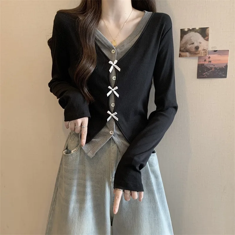 Fake 2pcs Women Autumn Sweet Spicy Studenst V-neck Patchwork Bow Single Breasted Slimming Casual Simple Ulzzang Fashion Daily