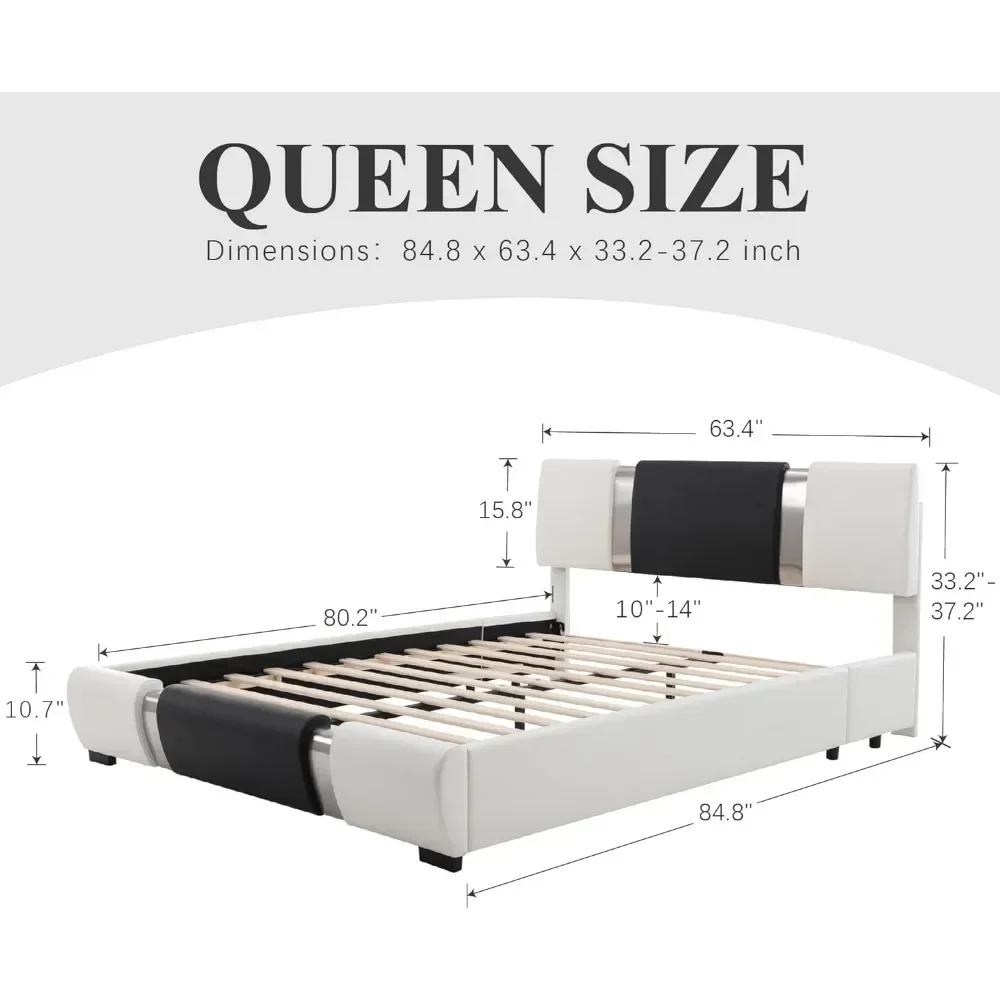 queen size bed frame,With faux leather upholstered headboard wood slat support,Heavy duty mattress base White&Black bed frame