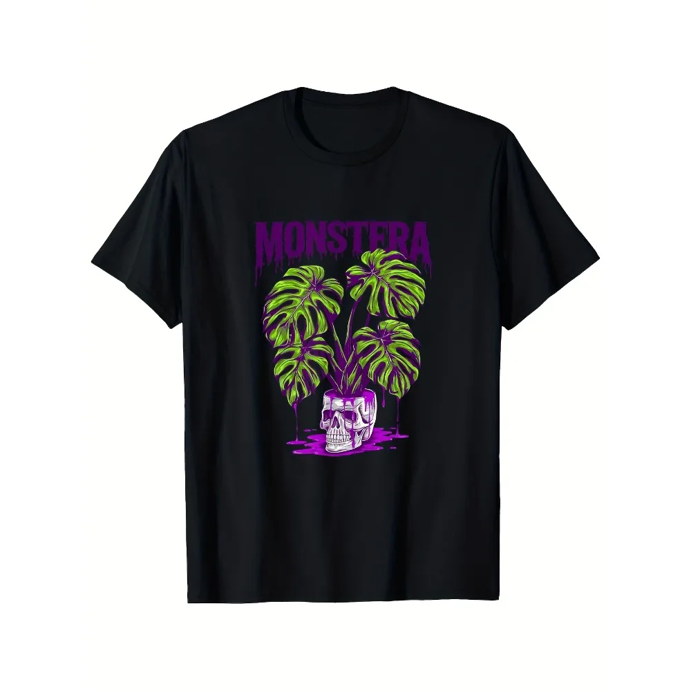 

Graphic T-Shirt Featuring a Monstera Skull Pot Design - a Black Unisex Tee Made from 100% with a Relaxed Fit, Adorned with a Tropical Palm Tree And Purple Dripping Text. It Offers Slight Stretch, Is Machine Washable