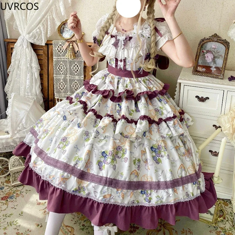 Kawaii Cute Grape Print Ruffles Bow Princess Dresses Vintage Evening Party Dress Victorian Sweet Elegant Lolita Jsk Dress Women view 3