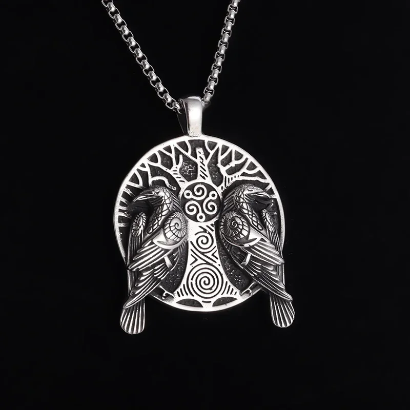 Retro Norse Mythology Double Raven Tree of Life Pendant Necklace for Men Personality Charm Hip Hop Cool Casual Jewelry Gift