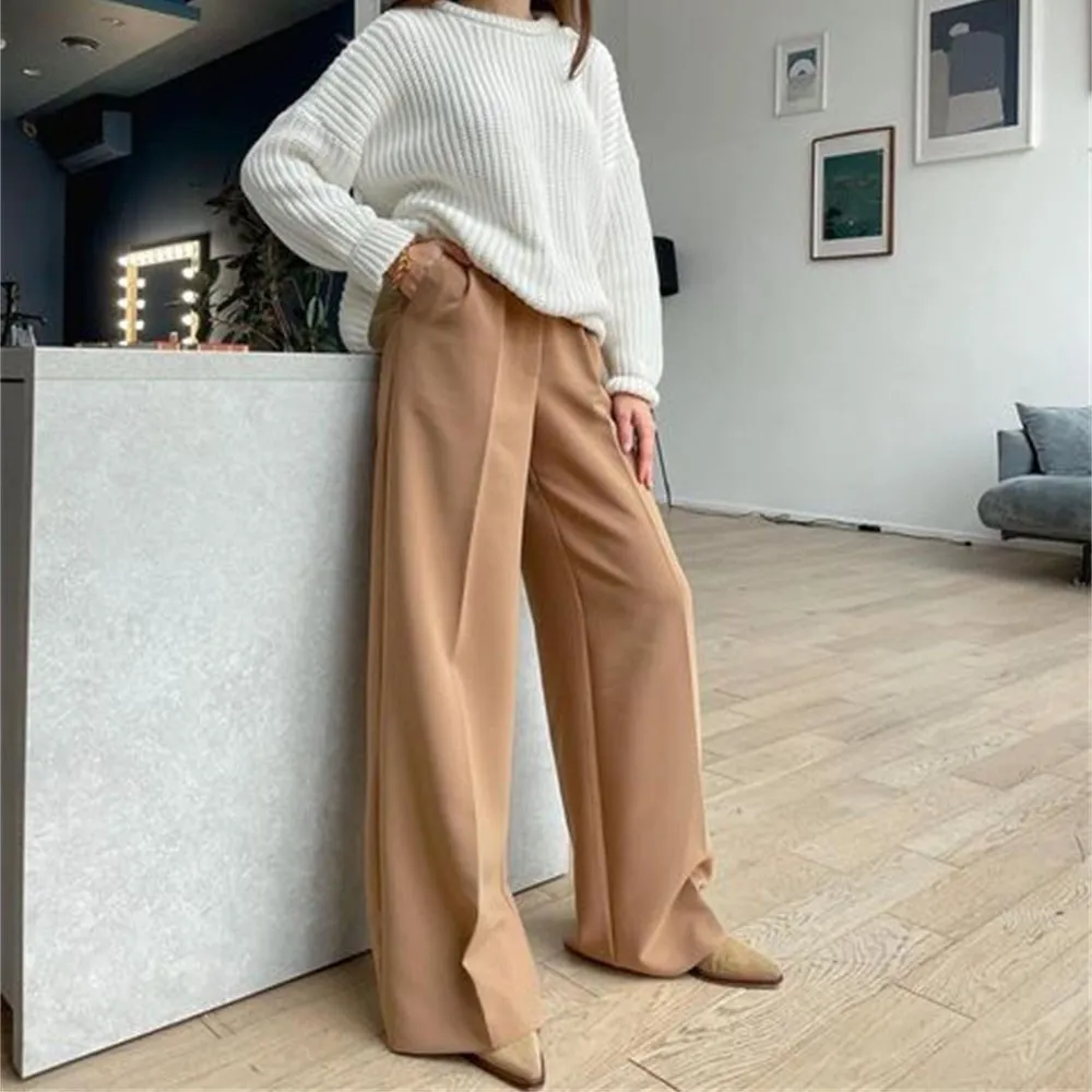 Ele Casual Women's Slim Pants High Waist Straight Leg Pants Versatile Long Trousers for Spring Autumn Polyester Material