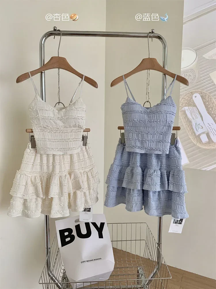 

2 Piece Skirt Set Gyaru Camisole Simple Coquette + Elastic Waist Pleated Skirt Beach Party Prom High Quality Clubwear Outfits