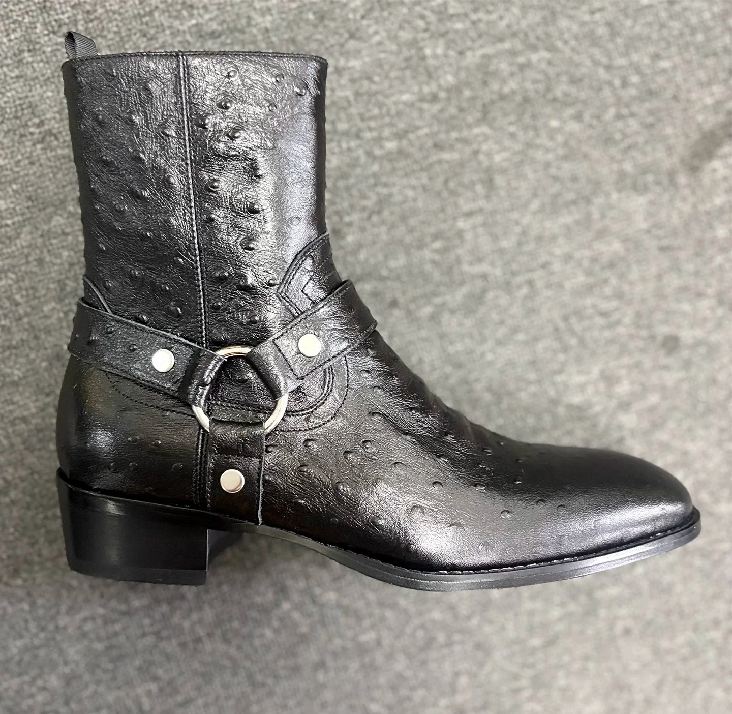 Fashion Men Ankle Biker Boots Genuine Leather Ostrich Embossed Pointed Toe Buckle Strap Side Zip Block Heel Boots for Daily Wear
