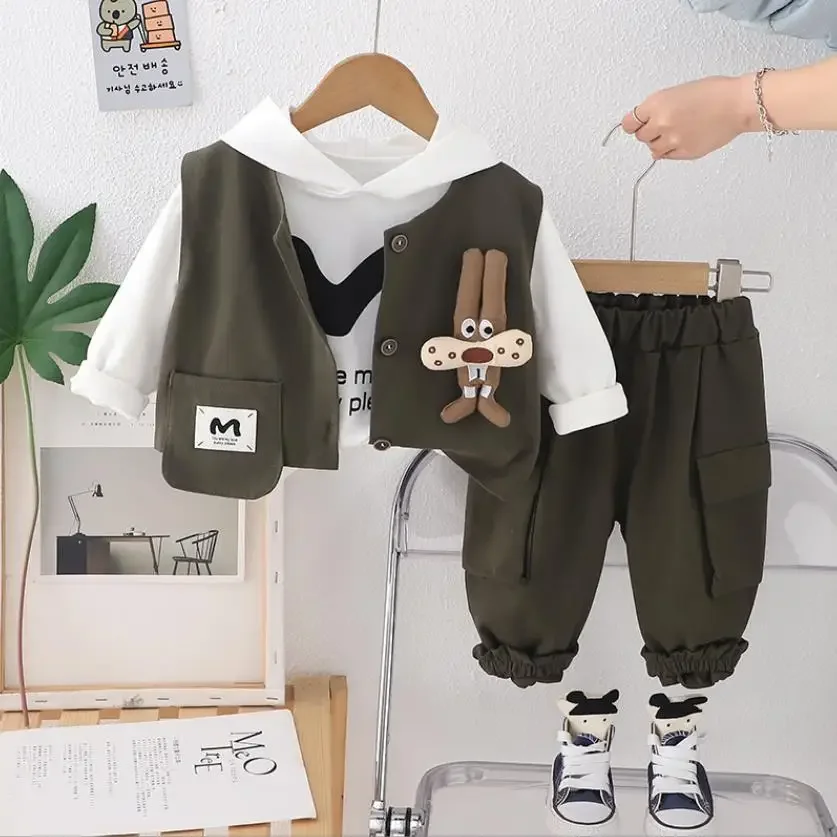 Pakaian gaya Korea 3 potong, setelan baju anak-anak, kaus + celana bertudung + rompi kargo kasual 9 hingga 18 bulan, pakaian bayi laki-laki