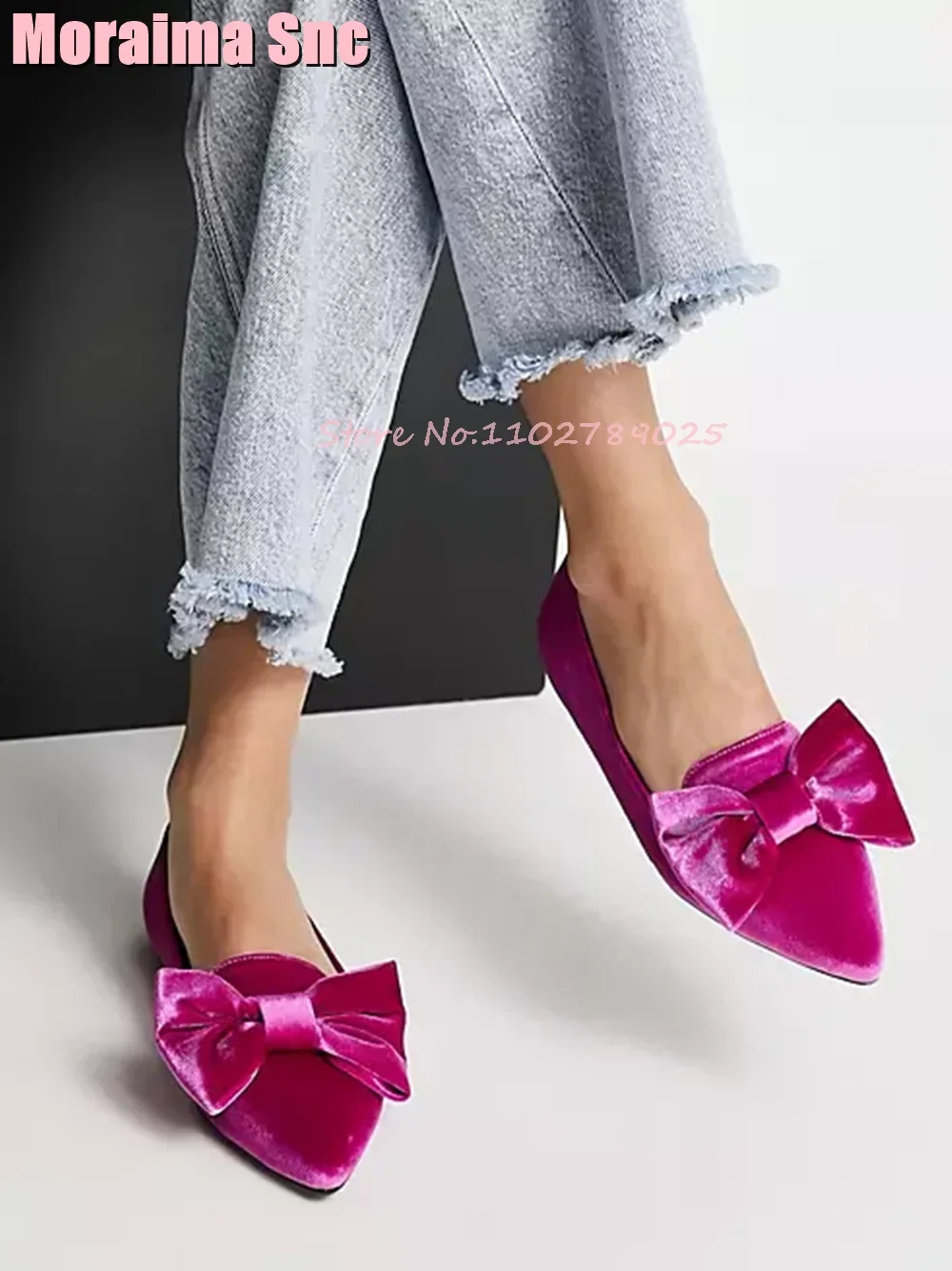 Velvet Bow Shallow Ballet Flat Shoes Pointed Toe Pink Fashion Elegant Slip On Women Shoes Outdoor Casual Concise Style 2024 New