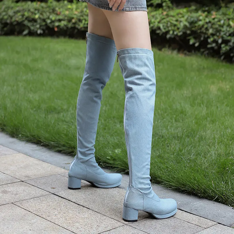 REAVE CAT Women  Thigh Boots Round Toe Block Heel 5cm Platform 46 47 48 Sexy Party Female Stretch Booties