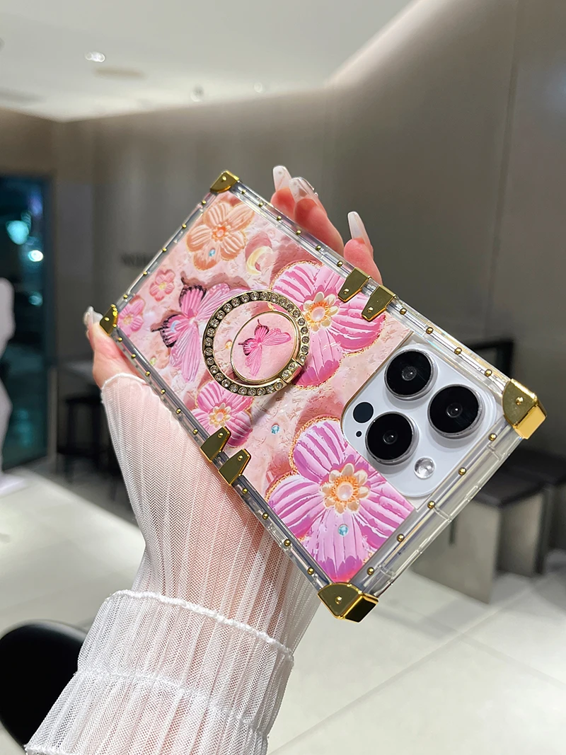 3D Oil Painting Butterfly Flowers Case for iPhone 16 Pro Max 15 14 13 12 11 Finger Ring Stand Protective Funda S24 Ultra