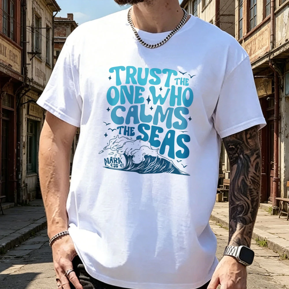 Retro Christian Girl Summer Tee Trust The One Who Calms The Seas Bible Verse Ocean Waves Stars Graphic Cotton Short-sleeve Shirt