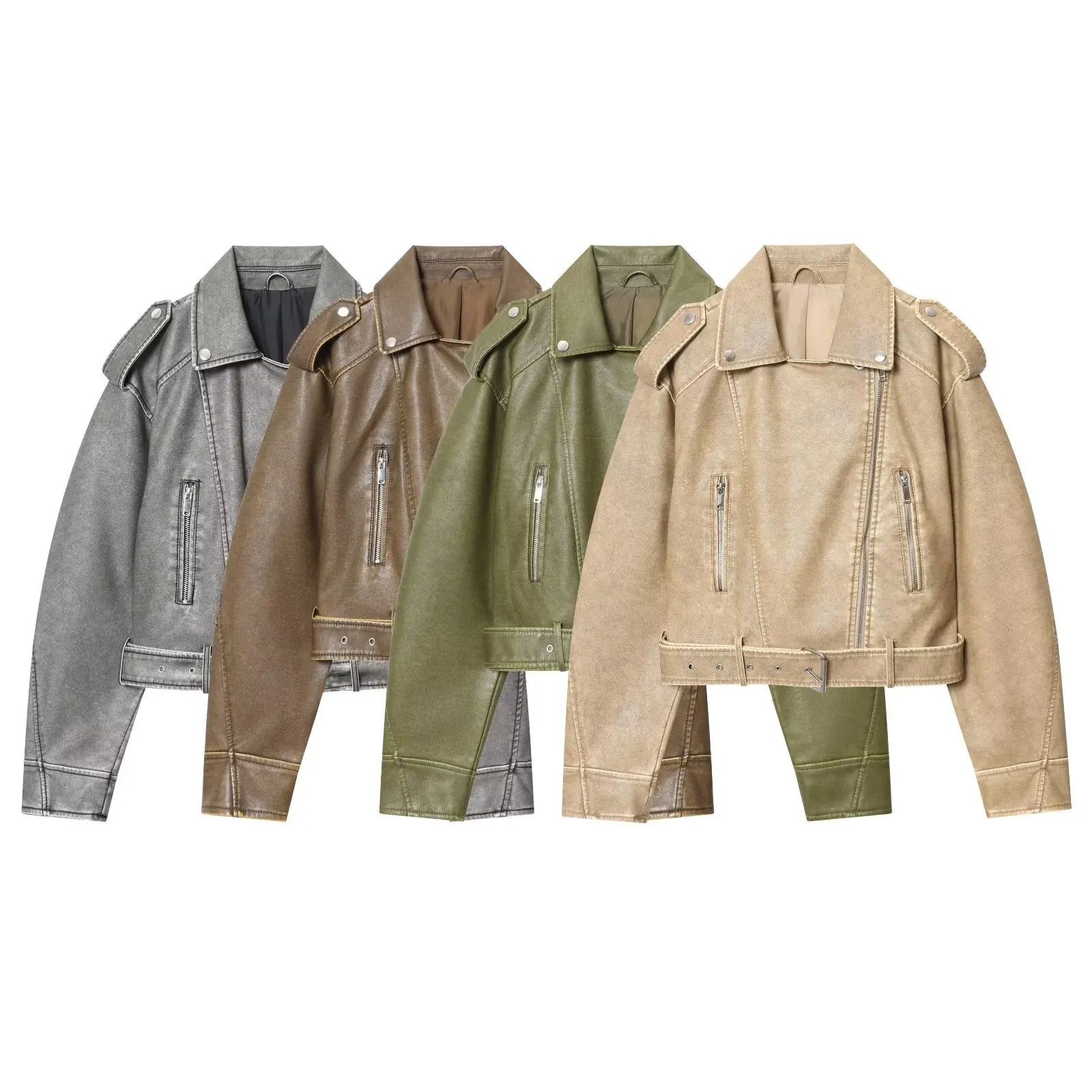 

Chic Autumn Solid Women Leather Jacket Zipper Motorcycle Coat Loose Pockets Sashes Fashion High Street Female Casual Outwears