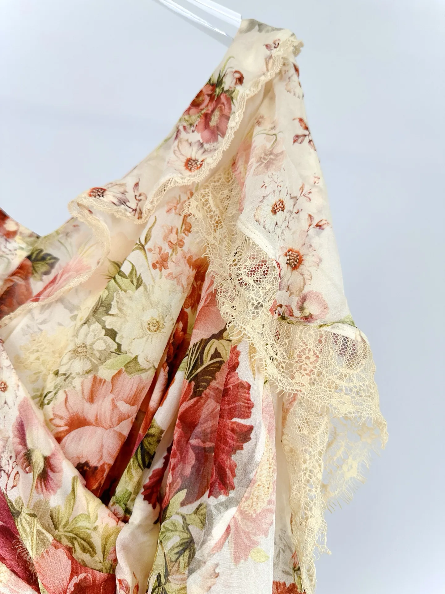 2025 novas mulheres flor impressão maxi vestido renda costura em camadas com decote em v de um ombro elegante senhoras 100% seda robe