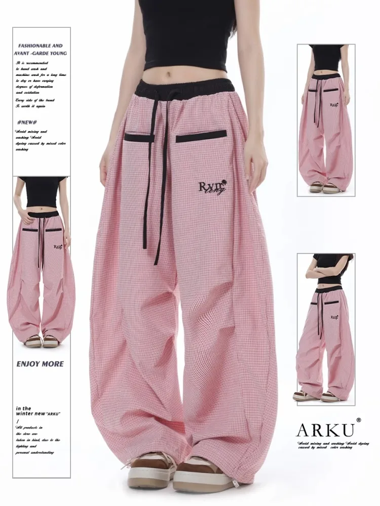 

Американские ретро цветные клетчатые широкие брюки женские летние груша ape боди драпировка маленького размера универсальные свободные повседневные брюки