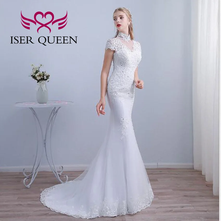 ที่กําหนดเองคอสูงลูกไม้ Appliques ชุดเดรสเมอร์เมดสําหรับผู้หญิงแขนสั้น Hollow กลับ Elegant ชุดเจ้าสาว WD8008