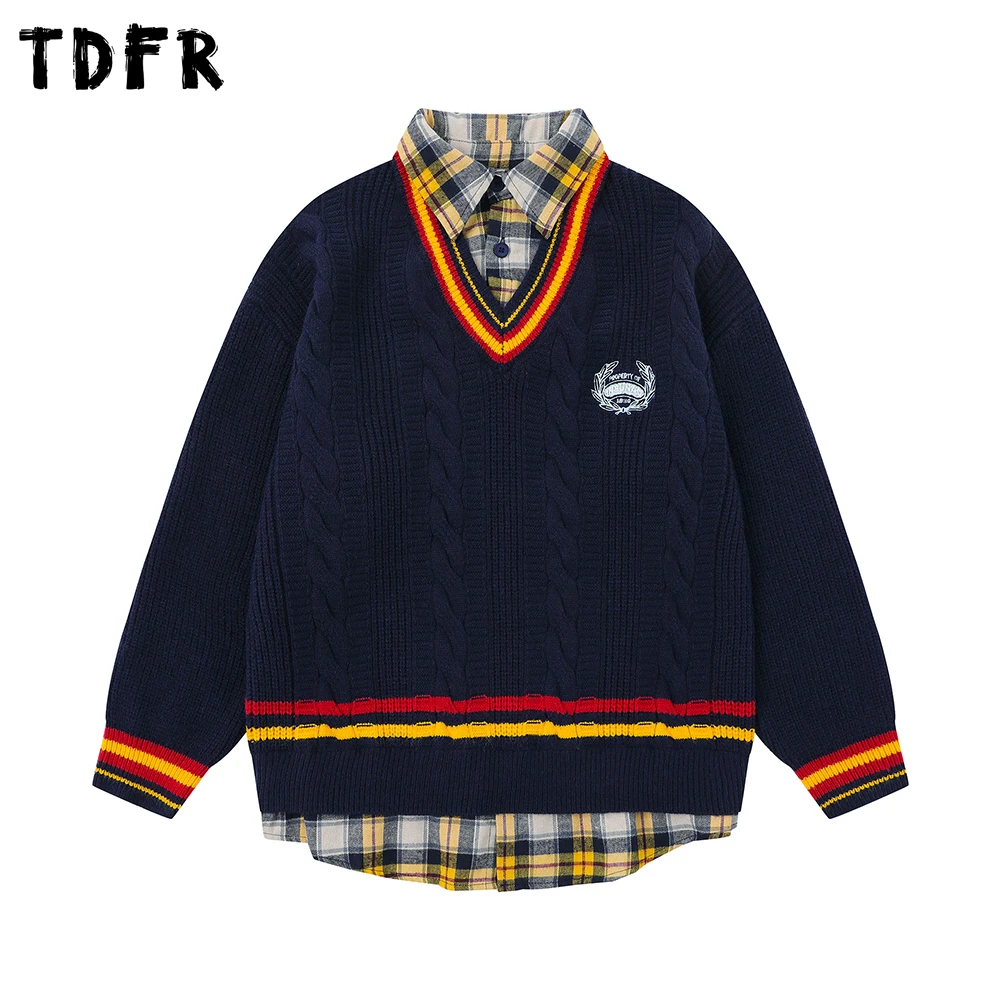 

Contrast Paneled Fake two-piece Sweater Mens Embroidery Retro Autumn Casual Loose Long Sleeve Knitted Pullover Man