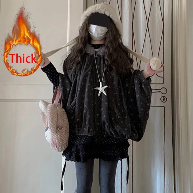 

MEXZT Vintage Bow Hooded Jacket Women Harajuku Fleece Print Coats Winter Japanese Cutecore Batwing Long Sleeve Casual Outerwears