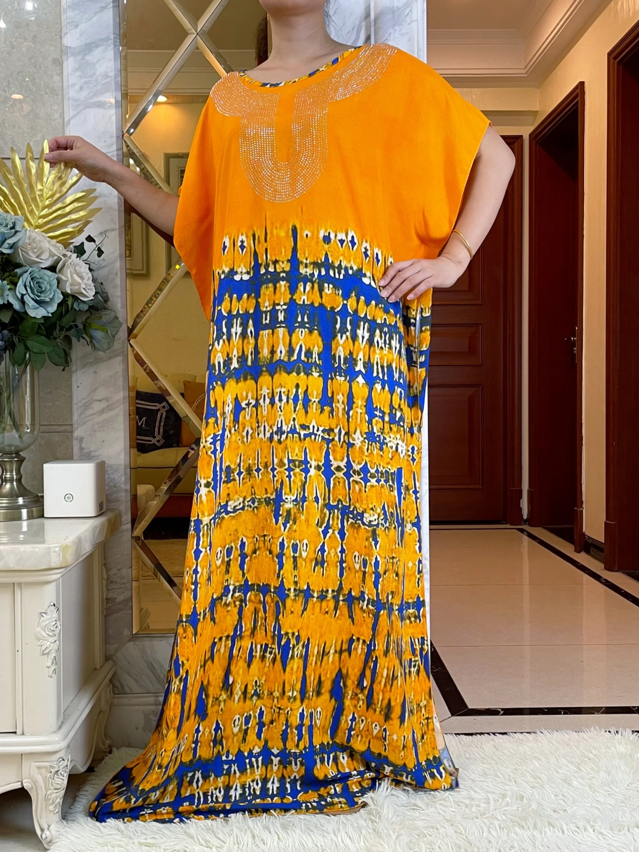 2023Latest Dubai Style Summer Short Sleeve Dresses Printing  Floral With Big Scarf  Maxi Islam Women Dress African Abaya