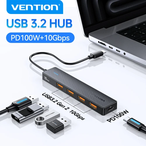 Vention 2025 USB 3,2 Gen2 HUB 10Gbps PD100W carga USB A tipo C 5 puertos divisor adaptador multipuerto para Macbook Pro Air portátil