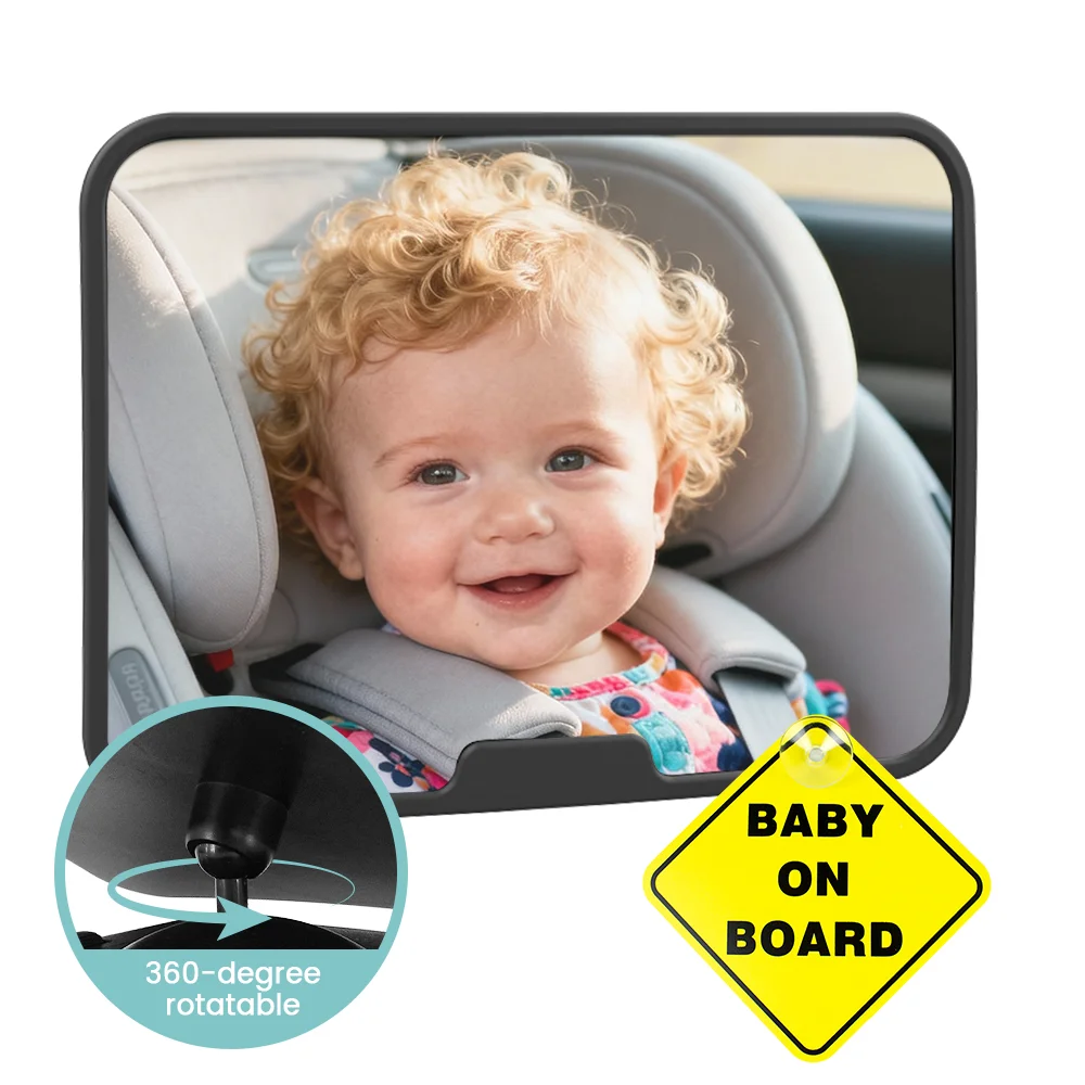 Baby Car Seat Mirror & Baby On Board Sign Set - 360° Rotatable Back Seat Mirror with Adjustable Straps & Firm Adhesive Sticker