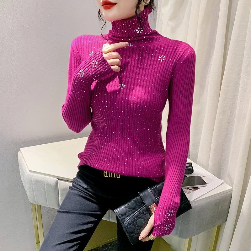 MadBlack European Clothes Sweater Women Turtleneck Hot Drill Thicken Warm Knit Slim Tops Long Sleeve Autumn Winter T30677JM