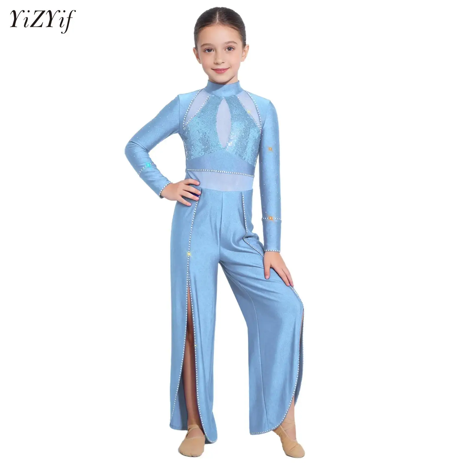 

Teen Girls Ballet Dance Jumpsuit Gymnastics Lyrical Dance Sheer Mesh Wide-Leg Long Sleeve Figure Skating Full Body Leotard