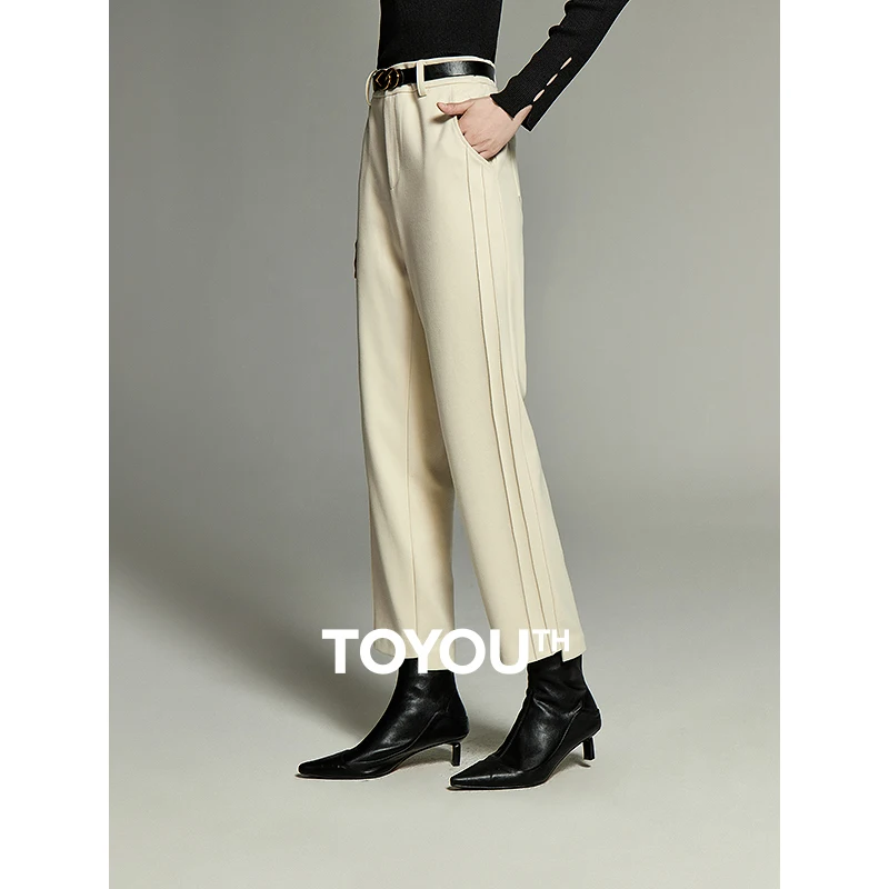 

Toyouth Women Casual Pants 2023 Winter Back Elastic Waist Straight Long Trousers Pleated Design Irregular Hem Apricot Pants