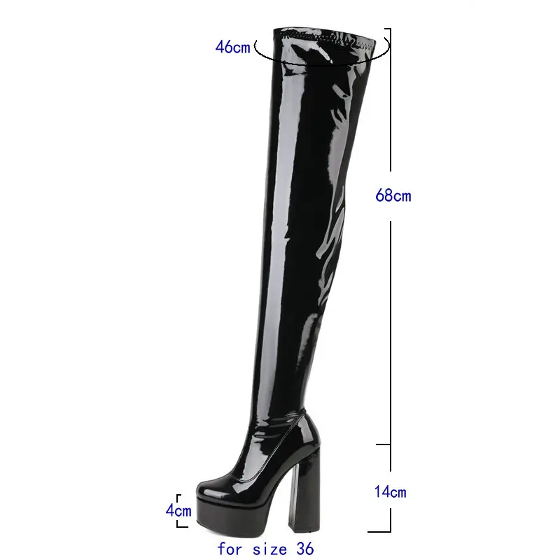 2022 Women Over the Knee Boots Platform Square High Heel Ladies Long Boots PU Leather Round Toe Zipper Party Women\'s Shoes Black