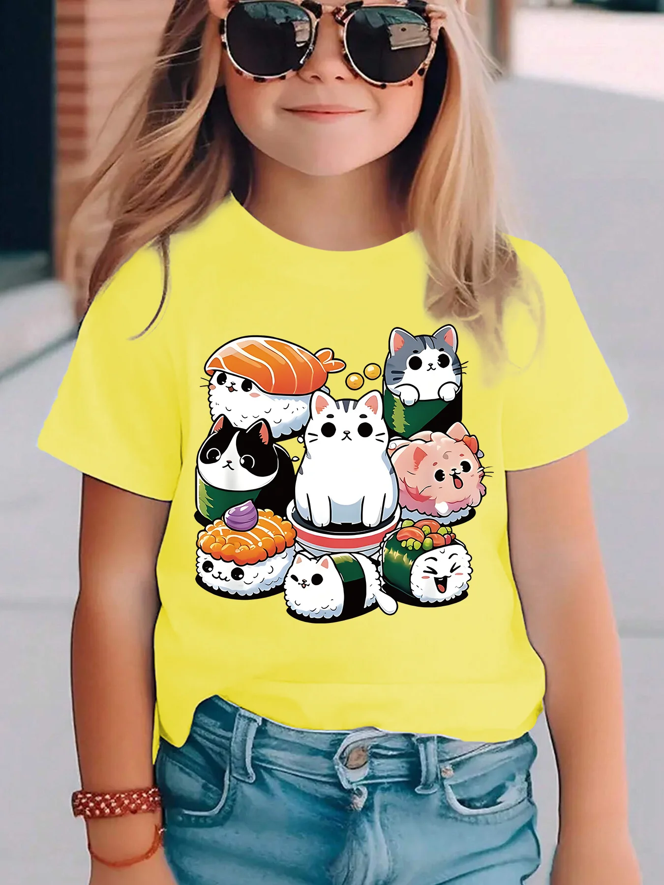 Summer Fashion Children's  T-shirt Kitten and Sushi Rice and Vegetable Roll Cartoon Pattern Printed Casual Parent-child Top