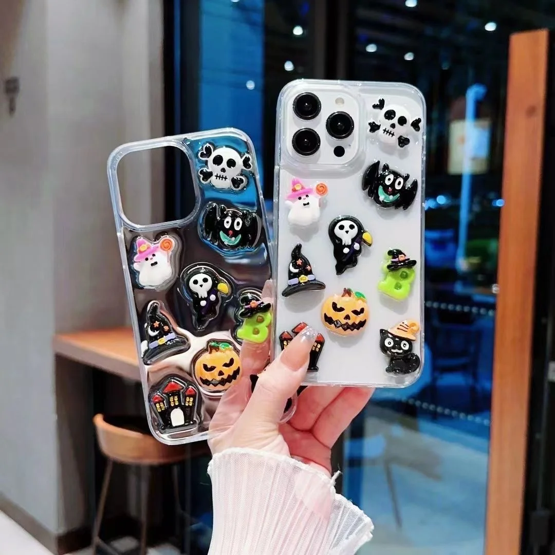 

Hallowmas Phone Case for Iphone 11 12 13 14 15 Pro Max 14 15 Plus INS Cute Pumpkin Skull Transparent Drop Glue Couple Phone Case