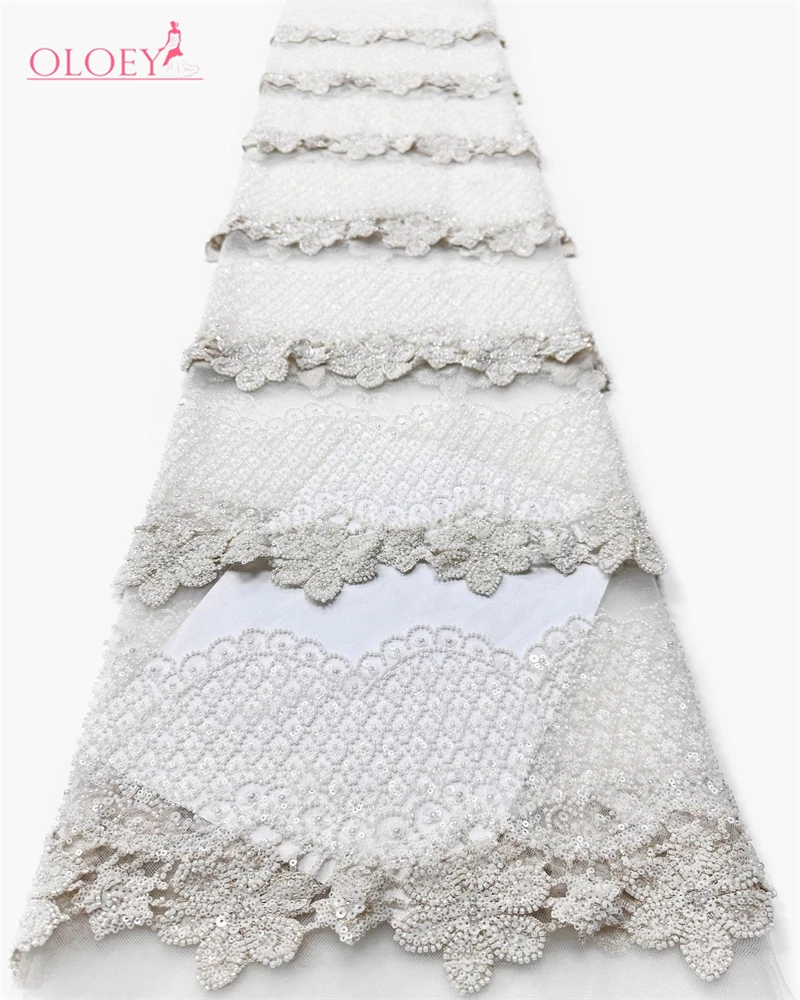 

OLOEY Luxury African Sequin Lace Fabric Tassel Lace Beaded Tulle Lace Fabric Embroidered Nigeria Fabric for Wedding Dress