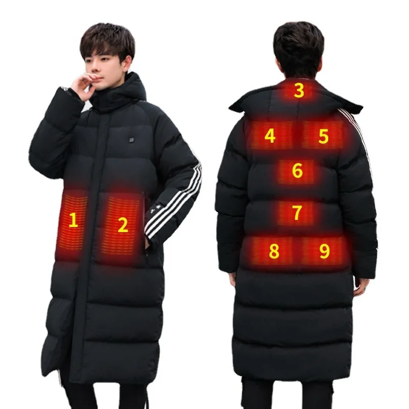 Winter USB Heating Long Jacket Men And Women Parka 9 Or 11 AREAS Electrothermal Cotton Coat Windproof Waterproof Windbreaker