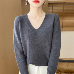 100% merino wool women's knitted top, V-neck, hollow, pullover, versatile, solid color, 2025 spring and summer new style