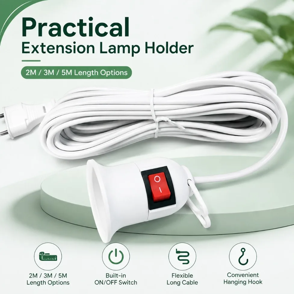 2/3/5M E27 Lamp Holder Cord With On‑Off Switch EU/US Plug Portable Extension Socket For Home Bedroom Warehouse Outdoor Lighting