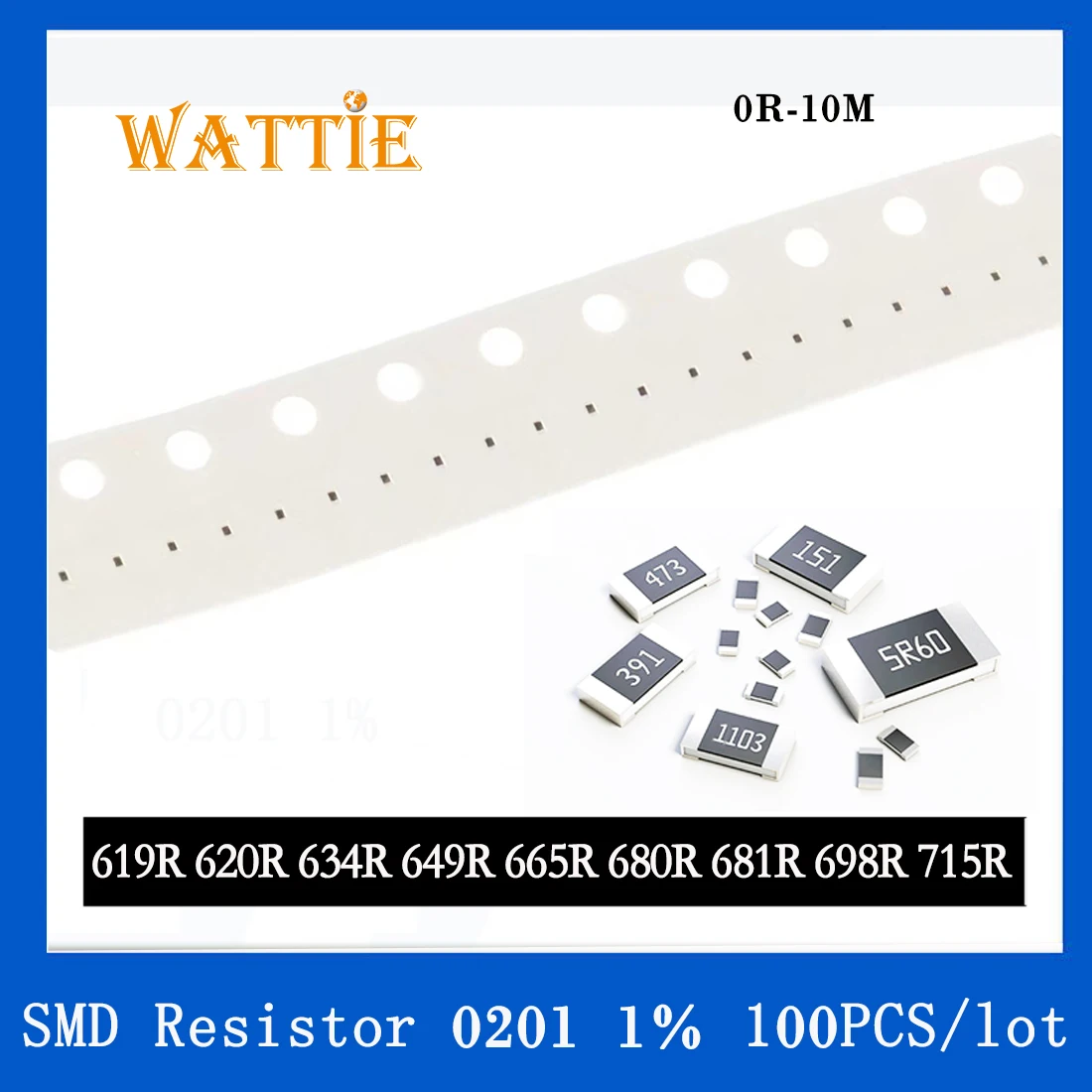 

SMD резистор 0201 1% 619R 620R 634R 649R 665R 680R 681R 698R 715R 100 шт./партия, чиповые резисторы 1/20 Вт 0,6 мм * 0,3 мм
