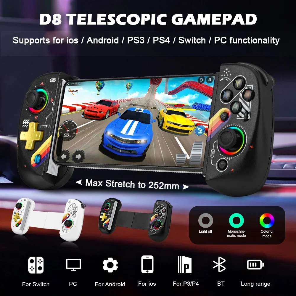 Hot Sale BSP D8 RGB Tablet Controller Wireles Handle For Switch Game Bluetooth Stretching Joystick For P3 P4 Android IOS Gamepad