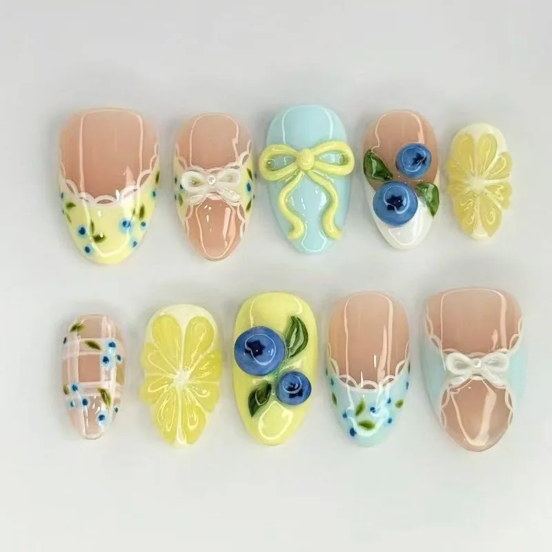 

24PCS Cute Ins Fruit Almond Stick on Nails Spring Summer Fresh Lace Patterns French False Nails Yellow Lemon Bowknot Fake Nails