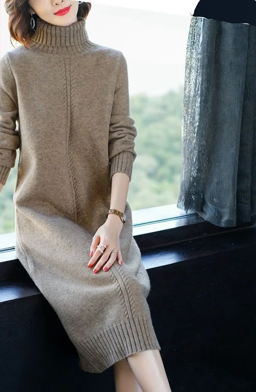 Cashmere Turtleneck 2024 Autumn and Winter Bottom Dress Loose Pullover Embroidery Ethnic Style Long Sleeved Sweater Dress LU498