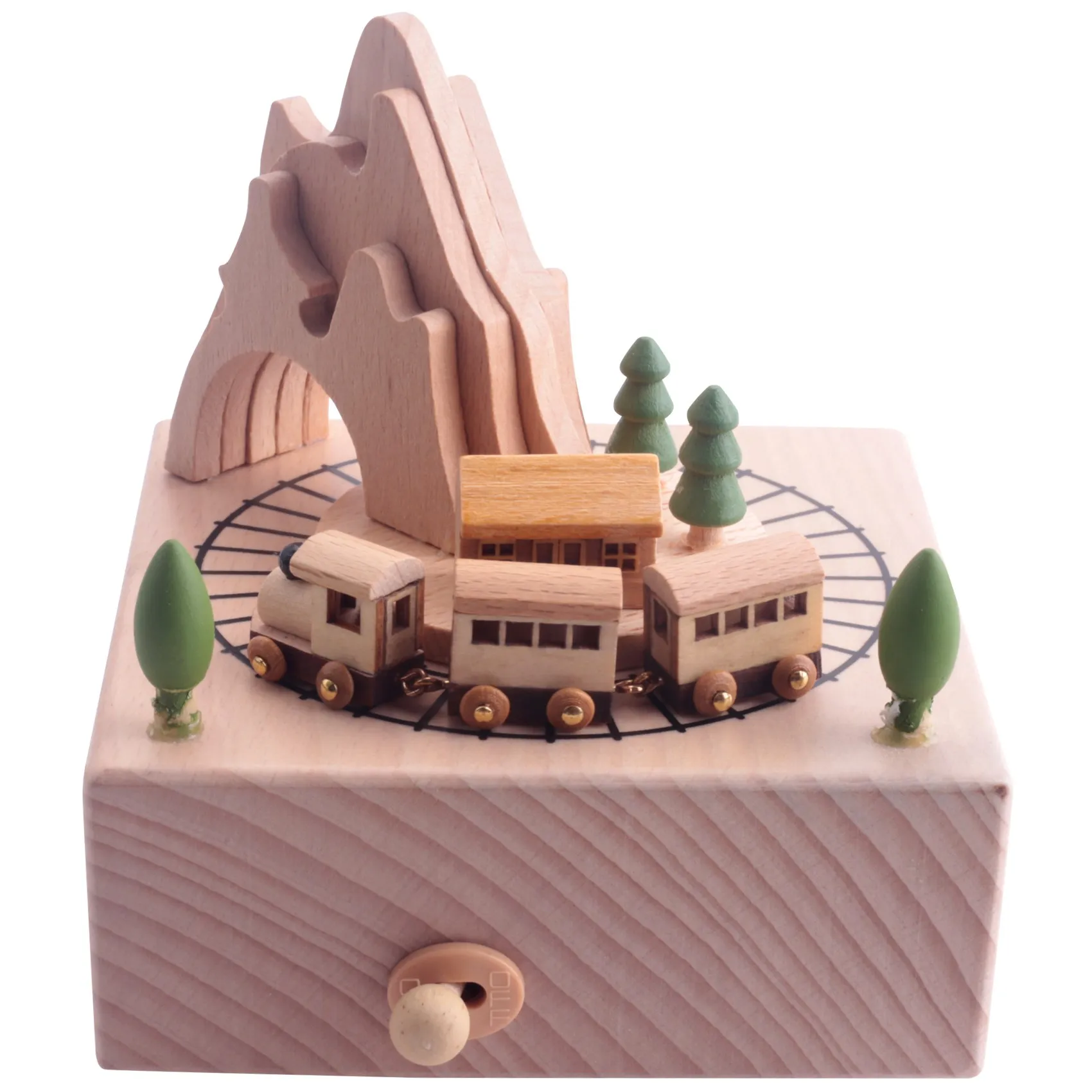 Wooden Musical Box Featuring Mountain Tunnel With Small Moving Magnetic Train Plays