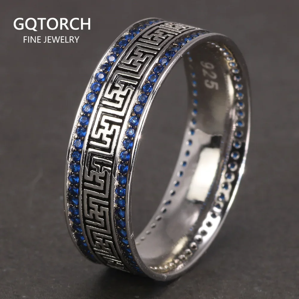 Genuine Sterling Silver 925 Turkish Rings for Men and Women with Blue Round Zircon Retro Punk Rings Fashion Silver Jewelry