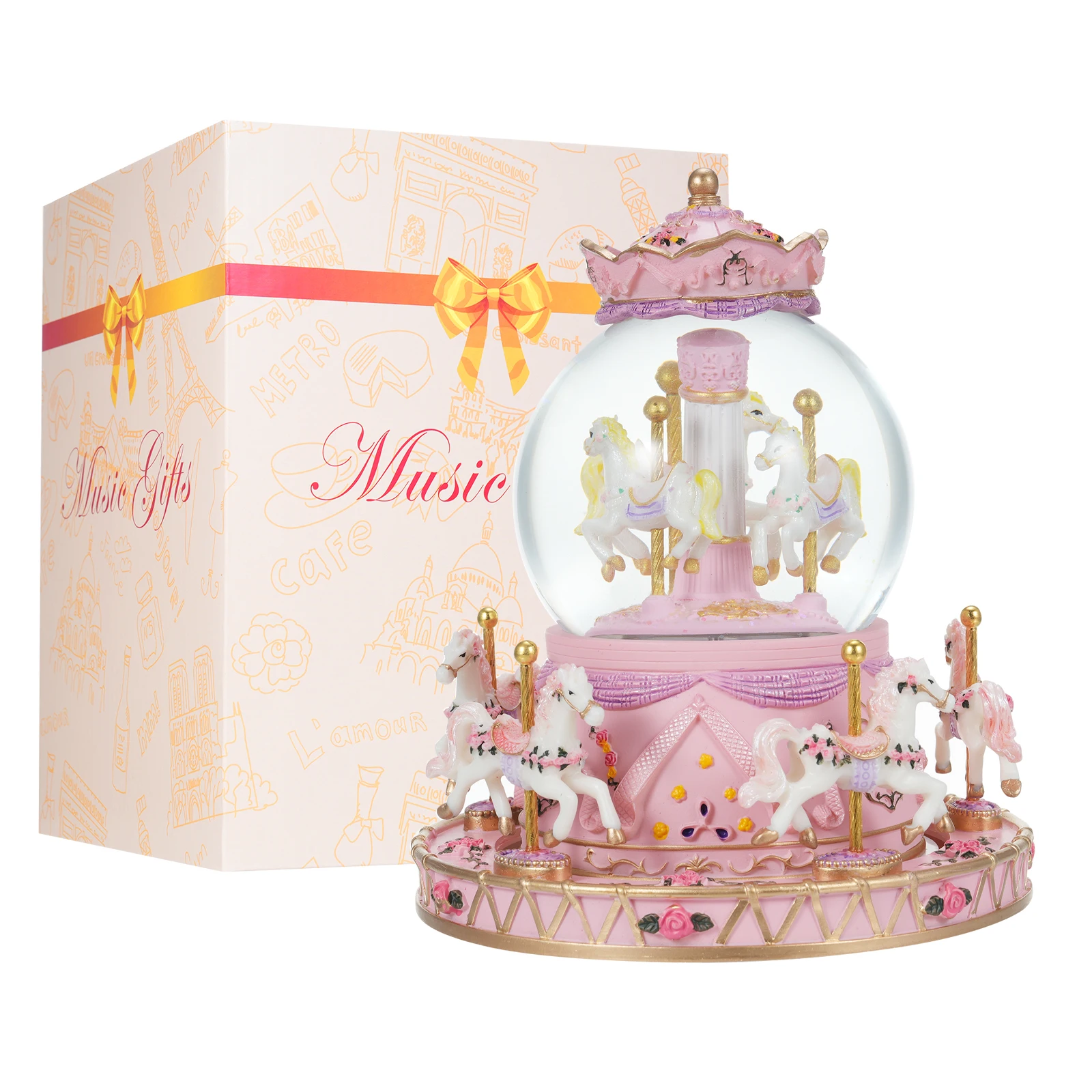 Rotating Carousel Music Box Crystal Ball Light-up Snow Globe Wind-up Musical Box Colorful Lights Cute Little Horses Girls Festiv