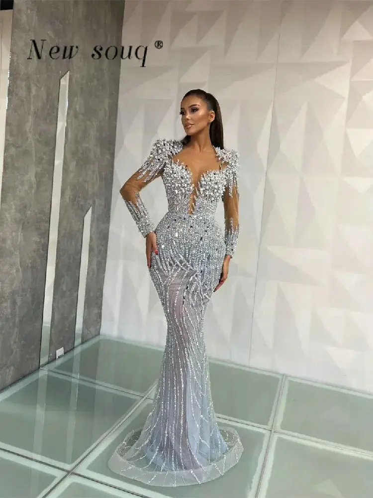 

Arabic Silver Long Sleeves Evening Dresses Middle East Beaded Mirror Crystals Formal Prom Gowns Elegant for Wedding Party