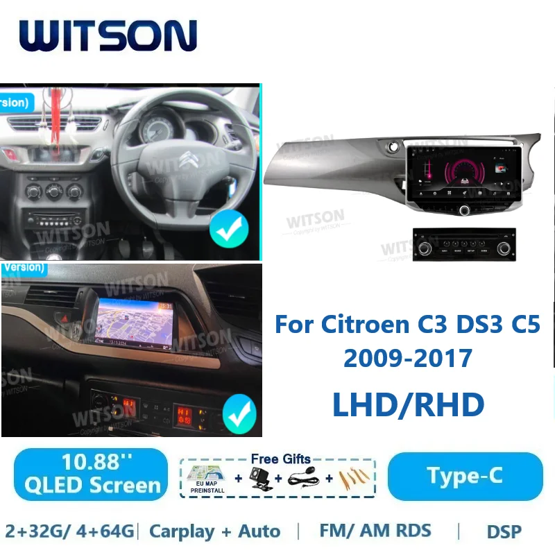 WITSON Auto Stereo QLED Android Car Radio For Citroen C3 DS3 C5 2009-2017 LHD RHD Carplay GPS Vehicle Audio Multimedia