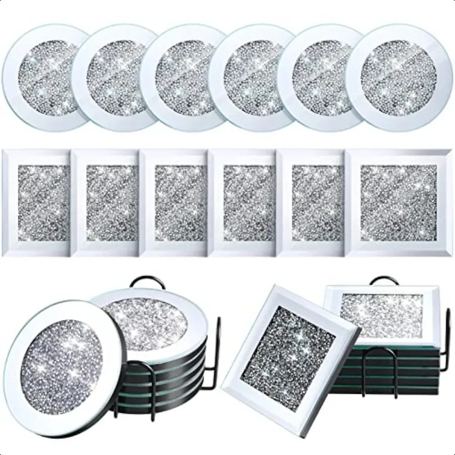 

14 Pcs Crystal Coasters with Holder Set 2 Black Holder 12 Glass Mirrored Sier Round Square Diamond Coasters 4 Inch for Kitchen