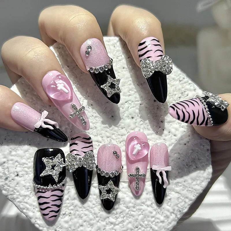 

Y2K Baddie Gyaru Black Pink Long Tip French Press On Nails Bow Star Cross Love Jirai Nail Art Yami Kawaii Zebra Print Fake Nails