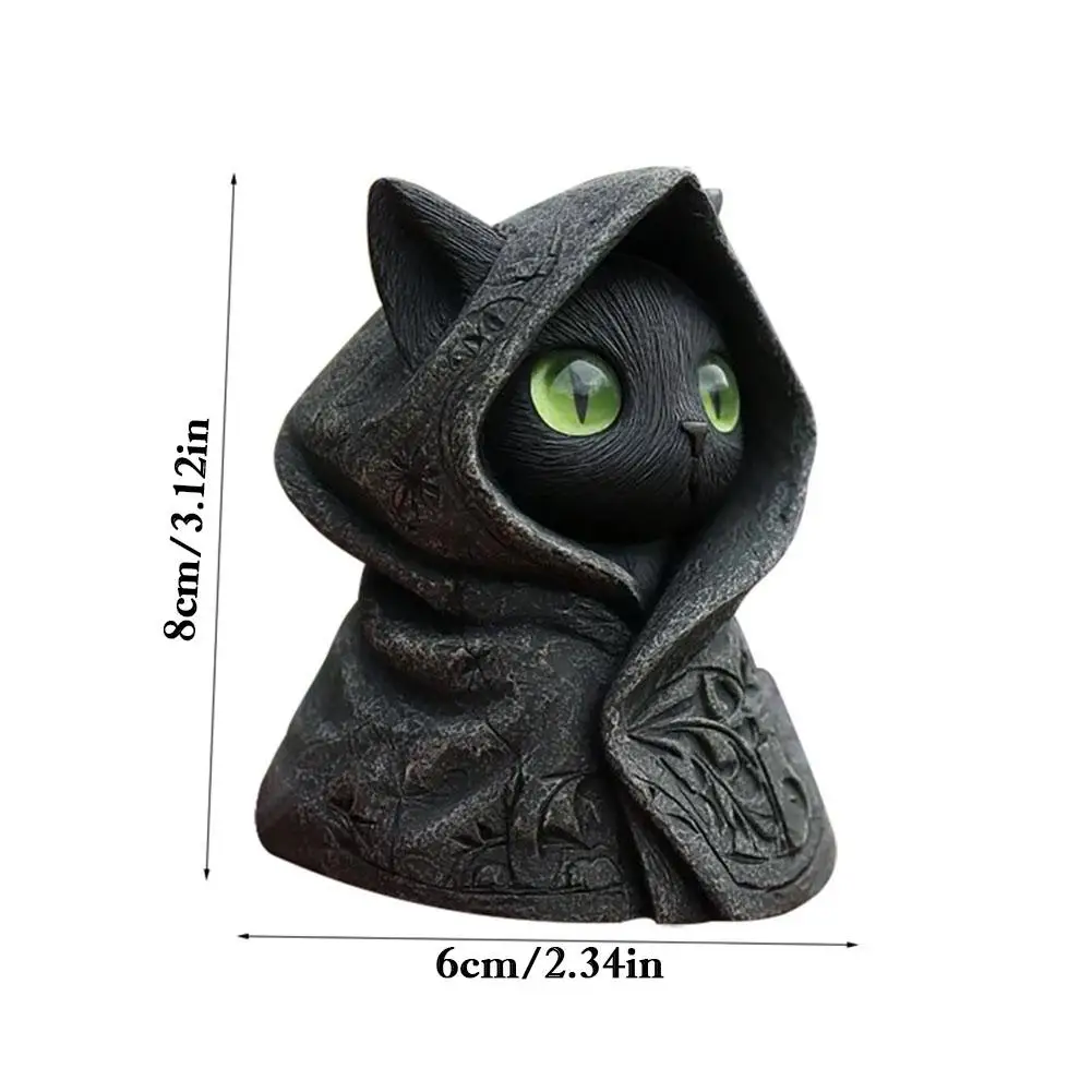 زينة الهالوين تمثال قطة أسود غامض بقلنسوة من الراتنج القوطي تمثال قطة سوداء منحوتة على شكل وحش هريرة هدية عيد #6