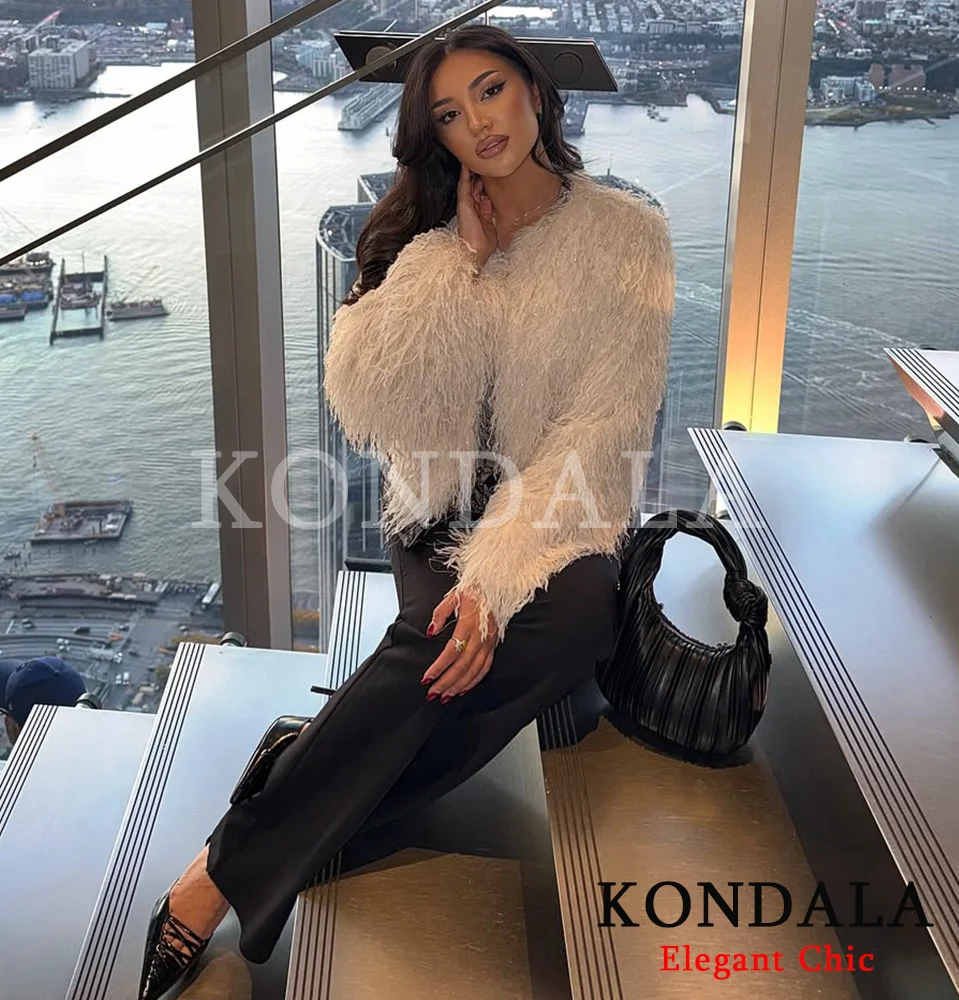 KONDALA عيد الميلاد السنة الجديدة شرابة النساء السترات س الرقبة طويلة الأكمام معاطف قصيرة موضة 2025 الخريف مثير حفلة عشاء سترة حريمي